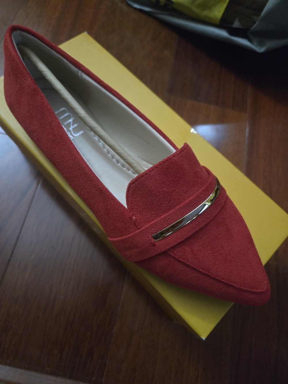 Red Suede Pointed Toe Loafers with Gold Bar Detail